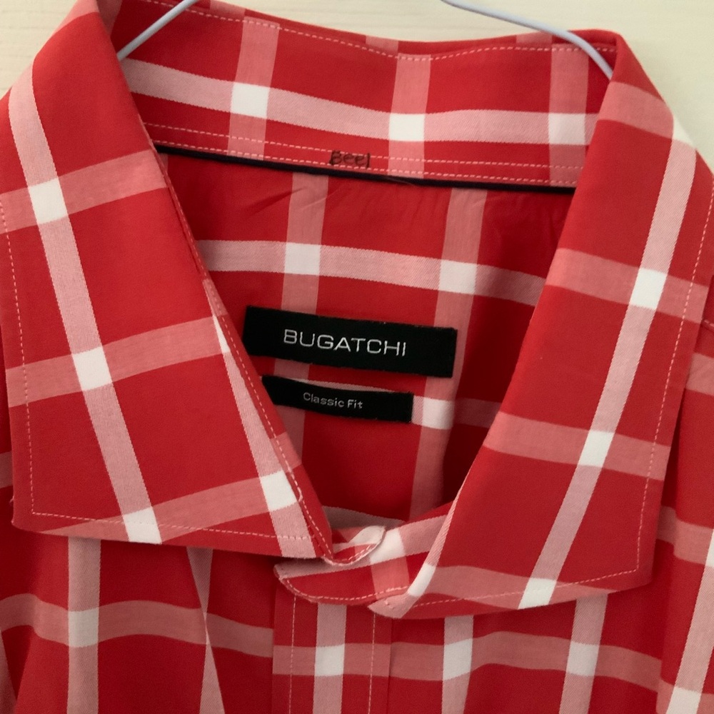 Bugatchi Red and White Plaid Classic Fit Shirt